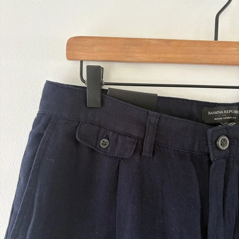 Banana Republic Men Navy Linen Blend Relaxed Tapered Fit Pants Ankle 33x32 NEW